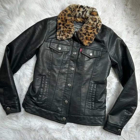[ Levi’s ] Women’s Leopard Print Fur Lined Leather Jacket - Picture 12 of 16
